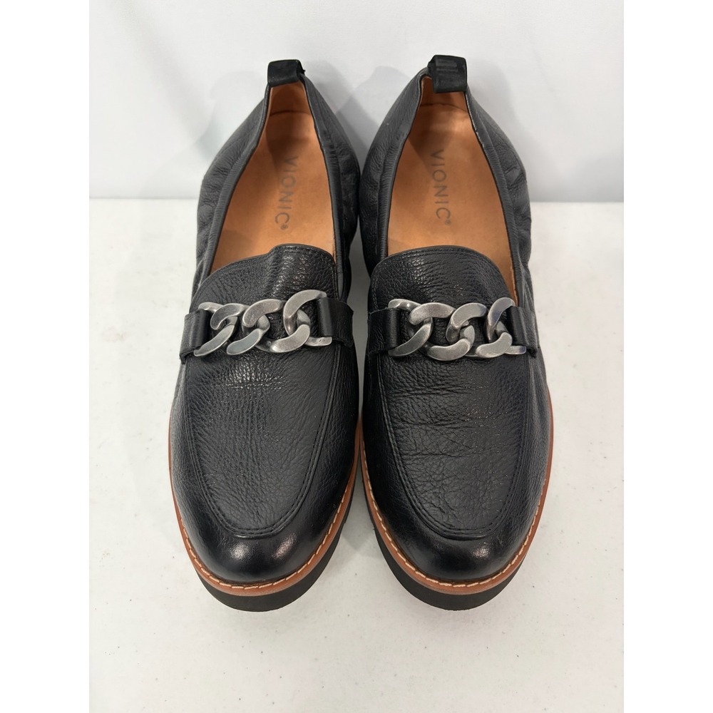 Vionic Cynthia Black Leather Chain Lug Sole Loafers Womens 7.5 Orthotic Support